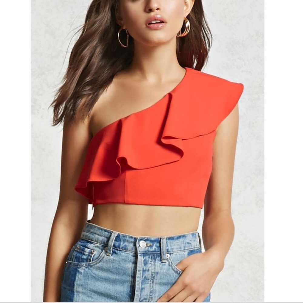 FOREVER 21 red one shoulder ruffle crop top
